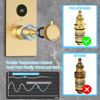 Thermostatic Digital Dual Rain Heads Tub Shower System Can Run Together | 4-Way Shower Faucts Set with Waterfall Spout, 12" Rainfall + 6" Tilted Shower and Brass Handheld, Brushed Gold - color: Brushed Gold, style: 12” + 6" + Spout