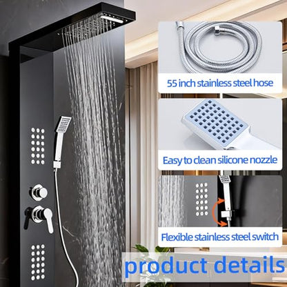 5-in-1 Shower Panel Tower System - Brushed Black | 304 stainless steel Shower Panel Tower Column with Powerful Body Jets, Rainfall, Waterfall,Handheld and Tub Spout - color: Brushed Black, style: LSH-8001