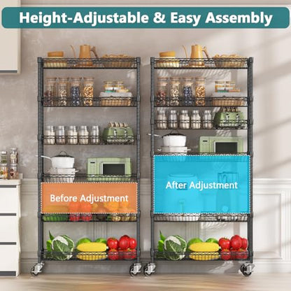 Himimi 6 Tier Rolling Storage Cart, Metal Wire Basket Rack with Wheels, Adjustable Storage Shelves Organizer Shelf for Kitchen Pantry Garage Laundry Room Bathroom, 30" W X 13.5" D X 63" H, Black - size: 30"W X 13.5"D X 63"H
