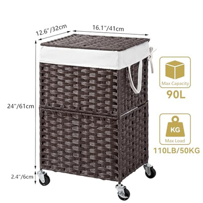 Chrislley Wicker Laundry Basket with Wheels,Rolling Laundry Hamper with Lid | 90L Slim Clothes Hamper with Wheels & Removable Liner Bag, Handwoven Rattan Laundry Organizer for Bedroom, Bathroom, Brown - color: Brown