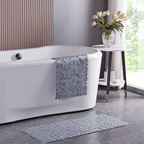 Webos Bath Shower Mat Non Slip: Extra Large Pebble Bathtub mat for Families, Anti Slip Shower Matt with Drain Holes Suction Cups Tub Mat - 16 X 40 Inch Grey - color: Pebble Grey