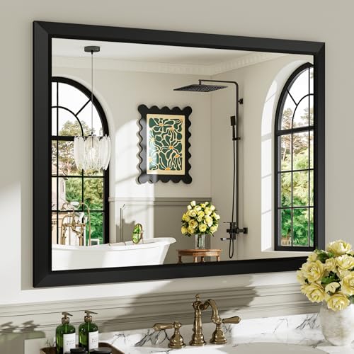 40x32 Inch Black Bathroom Mirror for Wall, Beveled Framed Rectangle Bathroom Vanity Mirrors for Over Sink, Bedroom, Living Room, Entryway, Anti-Rust, HD Tempered Glass, Horizontally/Vertically - size: 40"L x 32"W
