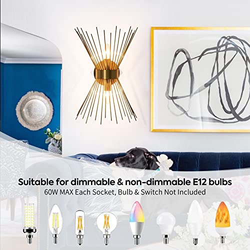 2-Light Bathroom Vanity Light, Mid-Century Modern Starburst Gold Wall Sconce, Bedside Electroplate Brass Wall Light Fixture, Wall Lamp for Powder Room Bedroom Bathroom Hallway Entryway, Set of Two