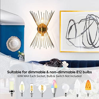 2-Light Bathroom Vanity Light, Mid-Century Modern Starburst Gold Wall Sconce, Bedside Electroplate Brass Wall Light Fixture, Wall Lamp for Powder Room Bedroom Bathroom Hallway Entryway, Set of Two