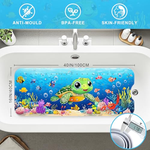 Baby Bath Mat for Tub Non Slip Kids, BPA Free Extra Long Bathtub Mat 40x16 with Drain Holes and 200 Suction Cups, Non Toxic Machine Washable Toddler Bath Mat, No Fading, Baby Turtle - color: V-turtle 3