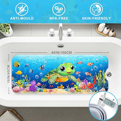 Baby Bath Mat for Tub Non Slip Kids, BPA Free Extra Long Bathtub Mat 40x16 with Drain Holes and 200 Suction Cups, Non Toxic Machine Washable Toddler Bath Mat, No Fading, Baby Turtle - color: V-turtle 3