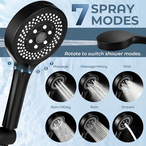 Shower Head with Handheld Combo High Pressure Black, Adjustable Bar | No drilling required, Height-Adjustable, 9-inch rainfall head, silicone slide bar, 3-waydiverter, 59-inch hose, G1/2 fit - color: 1-Black