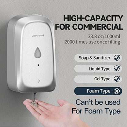 JETWELL Automatic Touch-Less Wall Mount Hand Soap Dispenser Liquid Drop Battery Operated, Brushed Stainless Steel Cover Large Capacity 34OZ/1000ML for Kitchen Home Commercial Bathroom | Brushed Cover, Large Capacity, Battery Powered, Liquid Soap, Commerci