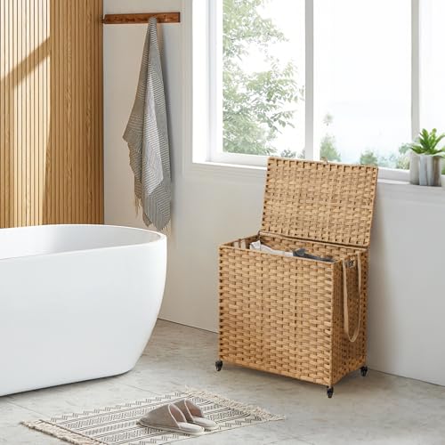 Laundry Hamper with Wheels, 39.6 Gallon(150L) Rolling Laundry Basket with Lid, Removable Large 2 Color Liners & 3 Mesh Laundry Bags, Clothes Hamper with Side Pocket, Natural - color: Natural, size: 23.62"L x 15.75"W x 25.6"H