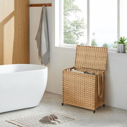 Laundry Hamper with Wheels, 39.6 Gallon(150L) Rolling Laundry Basket with Lid, Removable Large 2 Color Liners & 3 Mesh Laundry Bags, Clothes Hamper with Side Pocket, Natural - color: Natural, size: 23.62"L x 15.75"W x 25.6"H