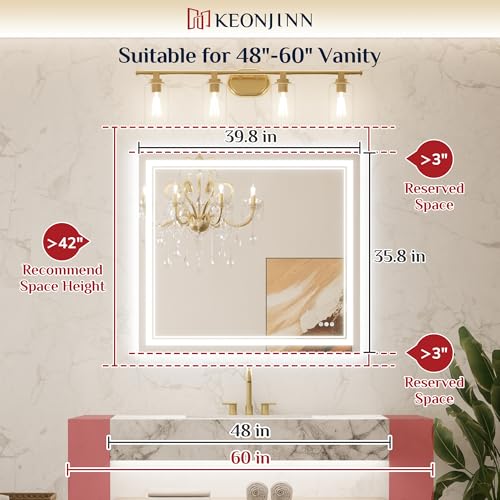 Keonjinn 40” x 36” LED Bathroom Mirror with Lights, Frontlit and Backlit | HD Tempered Glass, Separately Frontlit/Backlit, Double Light Strips, Stepless 3 Colors Temperature & Dimmable, Fast Anti fog - size: 36"L x 40"W