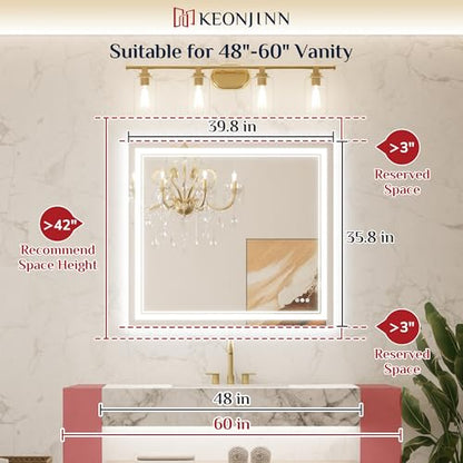 Keonjinn 40” x 36” LED Bathroom Mirror with Lights, Frontlit and Backlit | HD Tempered Glass, Separately Frontlit/Backlit, Double Light Strips, Stepless 3 Colors Temperature & Dimmable, Fast Anti fog - size: 36"L x 40"W