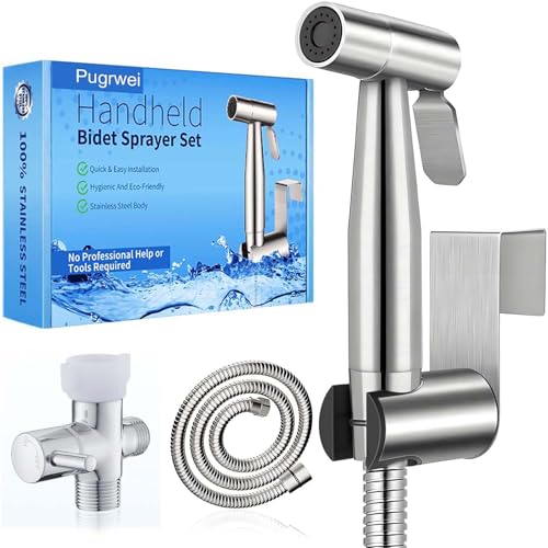 Handheld Bidet Sprayer-Bidet Attachment for Toilet, Premium Stainless Steel | Adjustabel Water Flow, Leak-Free Hose & Brass 7/8" T-valve, Fits Two-Piece Toilet, Feminine/Baby/Muslim Wash, Easy Install - color: Brushed Nickel