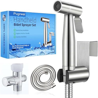 Handheld Bidet Sprayer-Bidet Attachment for Toilet, Premium Stainless Steel | Adjustabel Water Flow, Leak-Free Hose & Brass 7/8" T-valve, Fits Two-Piece Toilet, Feminine/Baby/Muslim Wash, Easy Install - color: Brushed Nickel