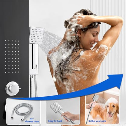 ROVOGO Shower Panel Tower System with 4 Shower Modes, 46.5", No Led Lights | Rainfall Shower Head, 2 Body Jets, Handheld and Tub Spout, Stainless Steel Shower Column with Brass Mixing Valve, Black - color: Black-no led