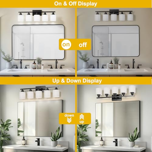 5-Light Bathroom Light Fixtures Over Mirror, Matte Black Vanity Lights, Modern Bathroom Vanity Light, Glass Shade & Anti-Rust Nickel Finished, Bathroom Light for Small Space - color: Black-5 Light
