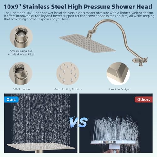 Hibbent All Metal CUPC Certified Shower Head, 10'' High Pressure Rainfall Shower Head, Handheld Showerhead Combo, 12'' Adjustable Extension Arm, 10 Sprays, 71'' Hose, Showerhead Holder, Brushed Nickel - color: Brushed Nickel, style: Square 10''