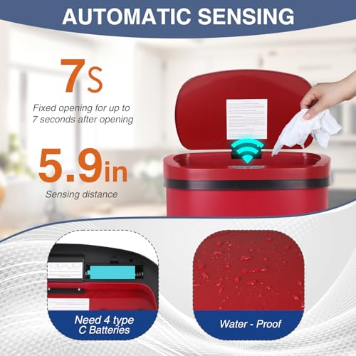 PayLessHere | 13 Gallon Stainless Steel Trash Can | Red | Automatic Touchless Lid with Motion Sensor | Kitchen Garbage Can with Waterproof Design | for Home, Office, Bathroom | Pack of 1 - color: Red Stainless Steel