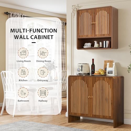 Wall Mounted Storage Cabinet Wood Medicine Cabinet, Over Toilet Organizers | Walnut Over Toilet Storage, Mid-Century Bathroom Wall Cabinet with Adjustable Shelf & Door for Bathroom Laundry Room Kitchen
