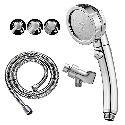 KAIYING High Pressure Handheld Shower Head with ON/OFF Pause Switch | 3 Spray Modes Shower Wand with Shut Off Button, Camper & RV Showerhead with Hose & Angle Adjustable Bracket, Chrome Finish - color: Chrome
