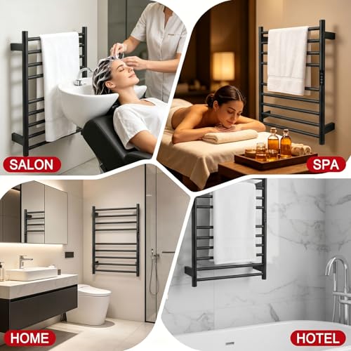 Black Heated Towel Rack for Bathroom Wall Mounted Hardwired | Heated Towel Bar, 9 Bars with Timer and Temp Control, Left or Right Side Plug-in/Hardwired, 304 Stainless Steel Matte Black - color: Matte Black