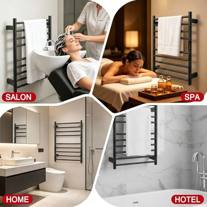 Black Heated Towel Rack for Bathroom Wall Mounted Hardwired | Heated Towel Bar, 9 Bars with Timer and Temp Control, Left or Right Side Plug-in/Hardwired, 304 Stainless Steel Matte Black - color: Matte Black