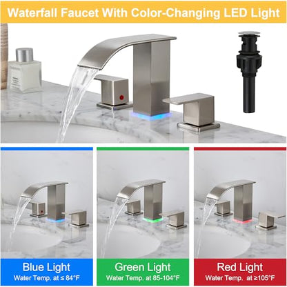 Bathroom faucets 3 Hole Brushed Nickel Vanity Faucet with led Waterfall Bathroom Faucet 3 Hole Sink Faucet Bathroom 8 inch Widespread Modern Parts Touch on 2 Handle - color: Brushed Nickel