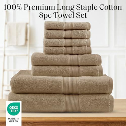 Madison Park 800GSM 100% Cotton Bathroom Bath Towel Set of 8, Taupe | Long Staple, Highly Absorbent, Durable Hotel Spa Quality, Quick Dry, Double Stitched Hems, Lint Reducing, OEKO-TEX Certified - color: Taupe, size: Multi-Sizes