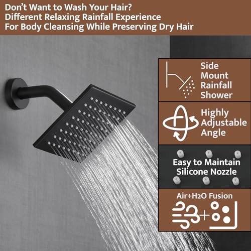 Thermostatic Shower System Matte Black, Push Button Diverter Shower Faucet with 2 in 1 Handheld, Ceiling Mount 12 Inch Shower Head with 6 Inch Wall Mount Shower Head - color: Matte Black, style: 12 Inch
