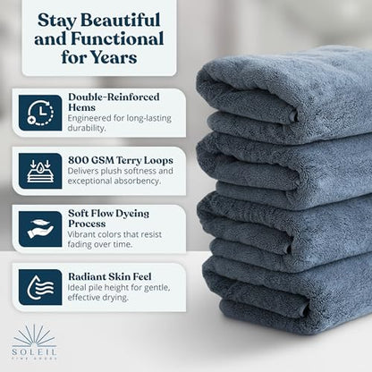 Soleil Fine Goods Luxurious 800 GSM 100% Cotton Bath Towel Set (4-Pack, 27x54) - Heavyweight & Ultra Absorbent, Plush Softness for Bathroom | Hotel & Spa Quality Luxury Towels- Blue Grey - color: Blue Grey
