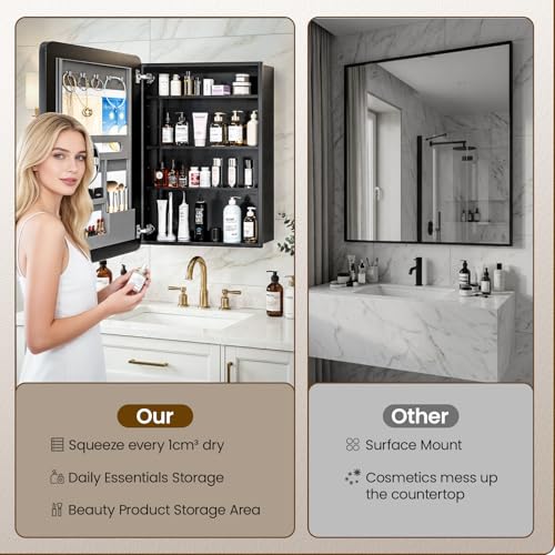 20x26 Black Medicine Cabinet Mirror, Recessed or Surface Mount | Built-in makeup organizer with lipstick slots, Brush holders and inner mirror; 3 adjustable shelves; Rustproof aluminum - size: 20" x 26"