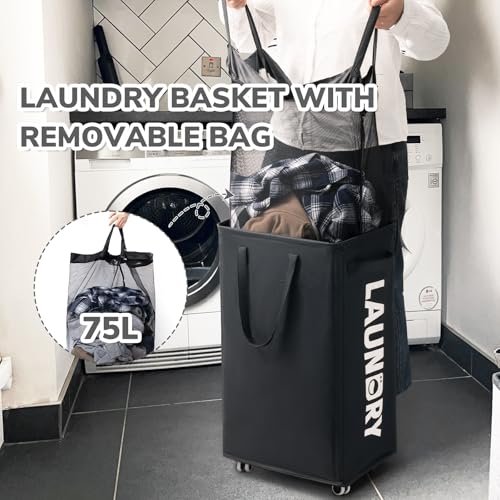 CHICVITA 75L Slim Rolling Laundry Basket with Wheels & Wash Bag, Black | Carry handle for easy moving to laundry room. Removable wash bag, slim design fits tight spaces - color: Black, size: 75L (15.7"L x 11.8"W x 24.8"H)