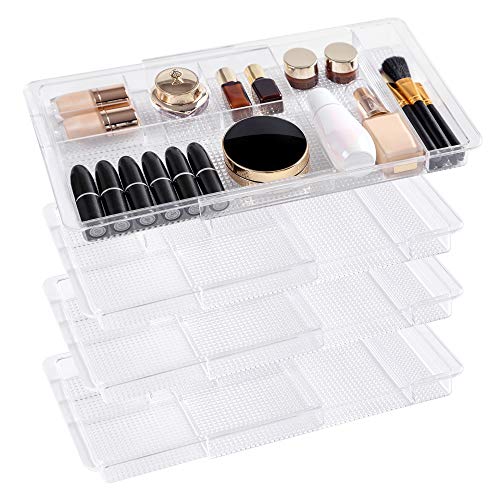 Oubonun Expandable Drawer Organizer 11.1” to 19.2” Width, Shallow Cosmetic Organizer 1.3” Height, 4 Packs, Clear Plastic Storage Trays for Dressing Table,Bathroom - style: Shallow 4 Packs