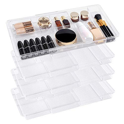 Oubonun Expandable Drawer Organizer 11.1” to 19.2” Width, Shallow Cosmetic Organizer 1.3” Height, 4 Packs, Clear Plastic Storage Trays for Dressing Table,Bathroom - style: Shallow 4 Packs
