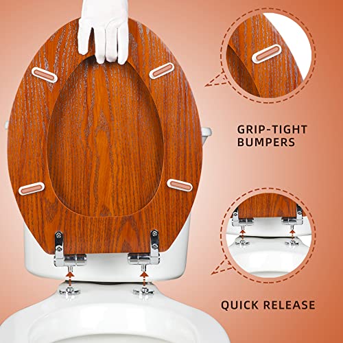 Elongated Toilet Seat Molded Wood Toilet Seat with Quietly Close and Quick Release Hinges, Easy to Install also Easy to Clean by Angol Shiold (Elongated, Brownish Yellow) - color: Brownish Yellow, size: Soft Close Hinge