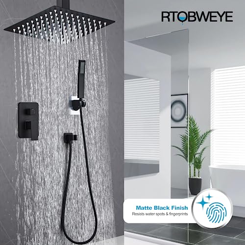 8 Inch Shower Faucet Set Ceiling Mount, High Pressure Rainfall Shower System, Square Rain Shower Head with Handheld Spray Combo, Ceiling Luxury Rainfall Shower Fixtures Matte Black (L-Style) - color: Matte Black, style: 8 Inch-L Style