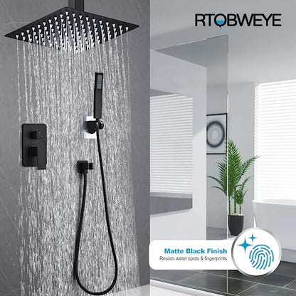 8 Inch Shower Faucet Set Ceiling Mount, High Pressure Rainfall Shower System, Square Rain Shower Head with Handheld Spray Combo, Ceiling Luxury Rainfall Shower Fixtures Matte Black (L-Style) - color: Matte Black, style: 8 Inch-L Style