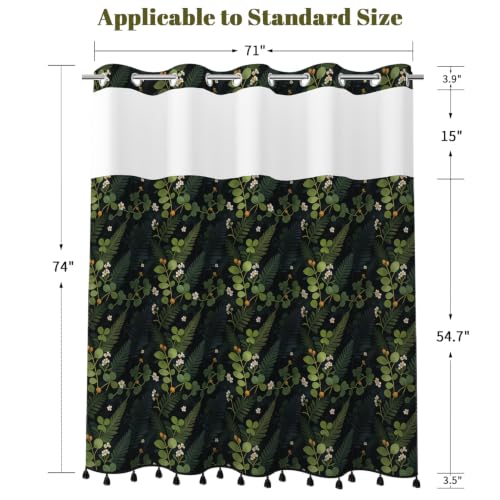 Botanical Shower Curtain with Snap in Liner & Tassels, 71x77 Inch | No Hook Needed & Mesh Top, Double Layer Waterproof Fabric, Dark Green Jungle Plant Leaf Design for Modern Farmhouse Bathroom - color: Dark Green Botanical