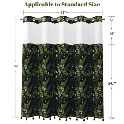 Botanical Shower Curtain with Snap in Liner & Tassels, 71x77 Inch | No Hook Needed & Mesh Top, Double Layer Waterproof Fabric, Dark Green Jungle Plant Leaf Design for Modern Farmhouse Bathroom - color: Dark Green Botanical