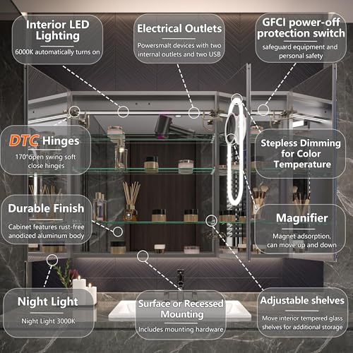 Luxury LED Lighted Medicine Cabinet with Mirror Dimmable, Defogging, 48 inch Commercial Medicine Cabinet, Outlets for Apartments, Hotel, Wide Open - size: 48"W x 36"H