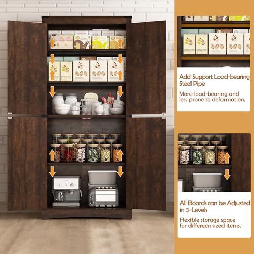 Hlivelood 71" Tall Kitchen Pantry,Farmhouse Storage Cabinet with Adjustable Shelves,Load-Bearing Steel Pipe,Farmhouse Pantry Cabinet with 4 Barn Doors, for Kitchen,Dining Room,Living Room(Brown) - color: Brown
