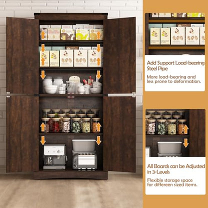 Hlivelood 71" Tall Kitchen Pantry,Farmhouse Storage Cabinet with Adjustable Shelves,Load-Bearing Steel Pipe,Farmhouse Pantry Cabinet with 4 Barn Doors, for Kitchen,Dining Room,Living Room(Brown) - color: Brown