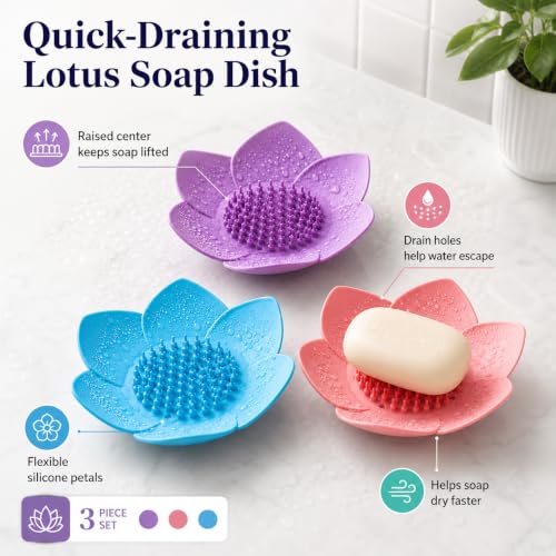 3Pcs Lotus Flower Soap Dishes with Drainage, Silicone Soap Holder for Shower, Self-Draining Bar Soap Tray for Bathroom Counter, Kitchen Sink & Bathtub, Soap Saver, Easy Dry