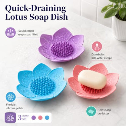 3Pcs Lotus Flower Soap Dishes with Drainage, Silicone Soap Holder for Shower, Self-Draining Bar Soap Tray for Bathroom Counter, Kitchen Sink & Bathtub, Soap Saver, Easy Dry