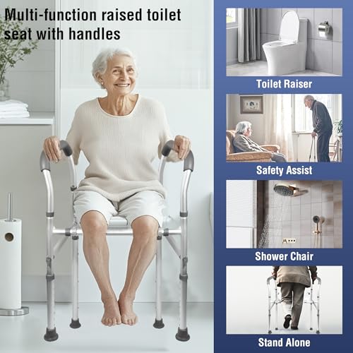 Raised Toilet Seat with Handles, Width & Height Adjustable Raised Toilet Seat, FSA/HSA Eligible 400lb Armrests & Wide Seat, Standard Raised Toilet Seat for Seniors, Pregnant, Handicap, Fit Any Toilet