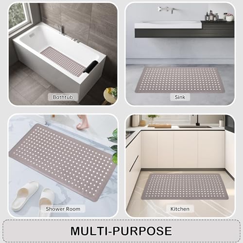 Non-Slip Bathtub and Shower Mats, Power Grip Bath Mat 35 x 16.3 Inch with Suction Cups and Drain Holes for Tub Bathroom Floor Safety, Machine Washable Soft Bathmat, Tan - color: Tan