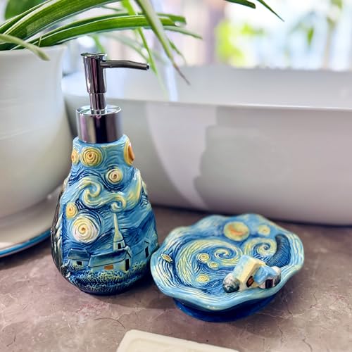 4 Piece Van Gogh Starry Night Ceramic Bathroom Accessory Set, Blue Art Decor with Soap Dispenser, Toothbrush Holder, Tumbler, Soap Dish