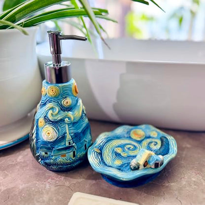 4 Piece Van Gogh Starry Night Ceramic Bathroom Accessory Set, Blue Art Decor with Soap Dispenser, Toothbrush Holder, Tumbler, Soap Dish