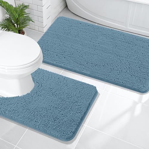 OLANLY Bathroom Rugs Sets 2 Piece, Soft Absorbent Chenille Bath Mats and U-Shaped Contour Toilet Mat Area Rug Set, Machine Washable Bath Carpet, Home Decor Accessories(47"x20"+24"x20", Airy Blue) - color: Airy Blue, size: 47" X 20" + U24" X 20"