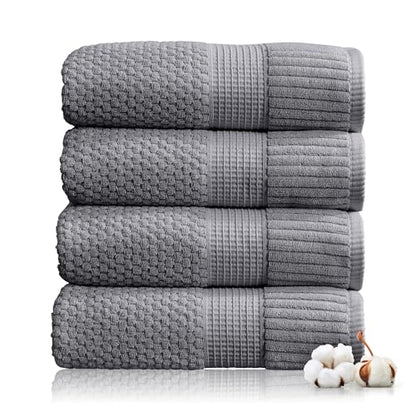 NY Loft 100% Cotton 4-Pack Bath Towel Set | Grey | Oeko-TEX | Quick-Dry | Four 30" x 52" Bath Towels | Super Absorbent | Designer-Styled Texture - color: Charcoal Grey, size: Bath Towel (4 Pack)